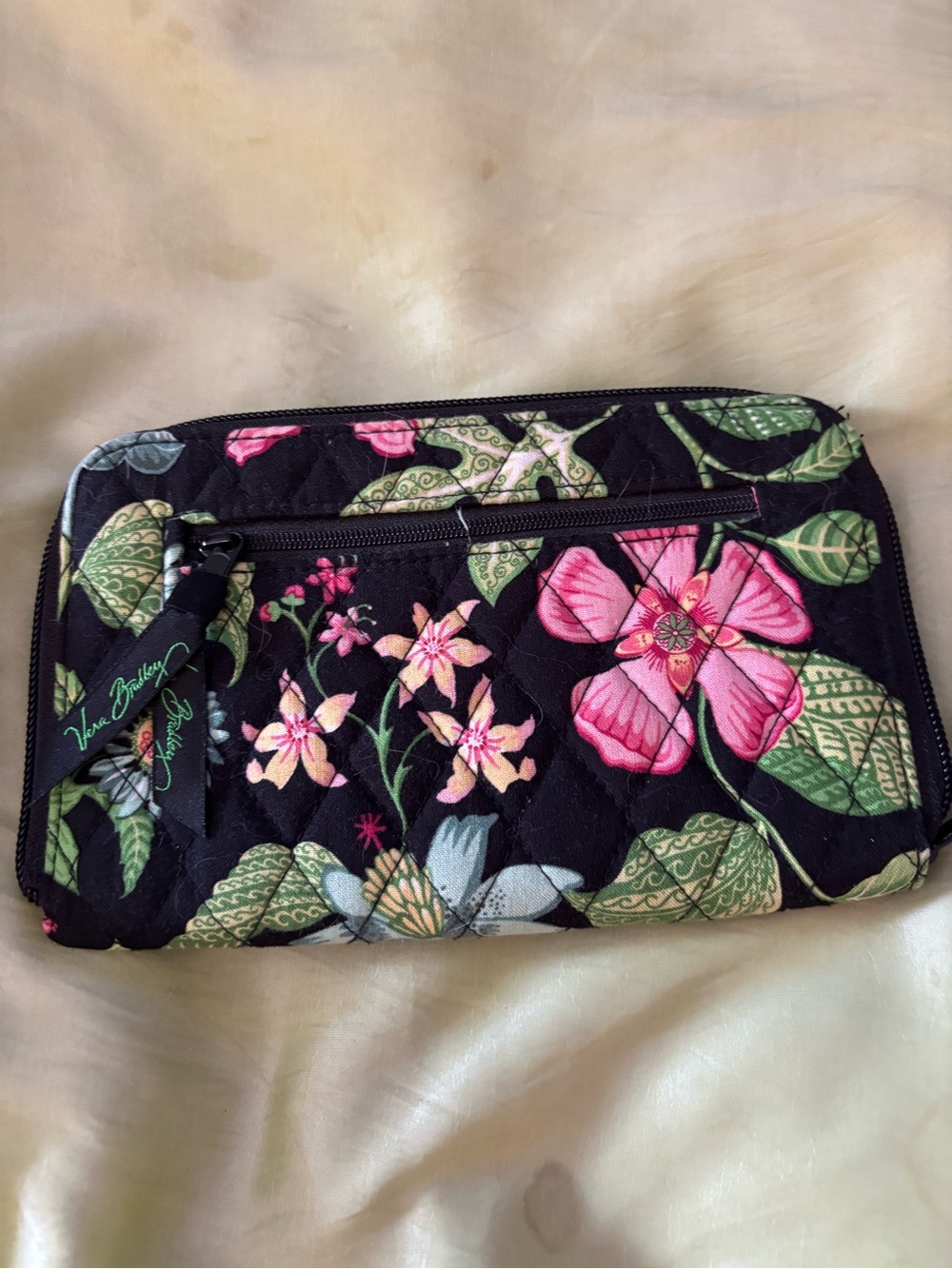 Vera Bradley Black Quilted Wallet with Pink & Green Floral Print